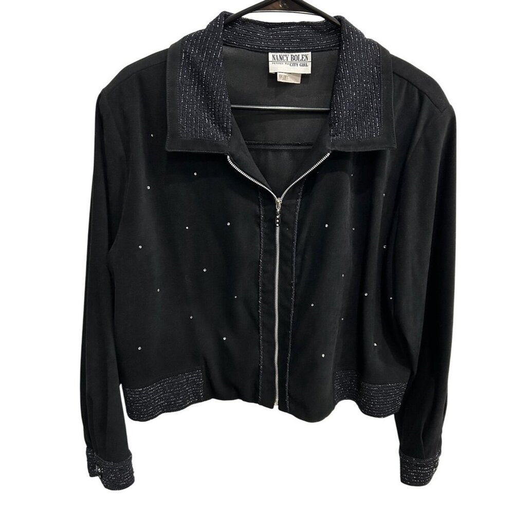 Vintage Nancy Bolen Black Rhinestone Zip Up Jacket Shimmering Trim Sz Large